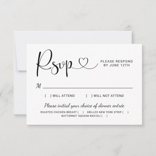 Modern Black Heart Calligraphy Script Wedding RSVP Kaartje (Voorkant)