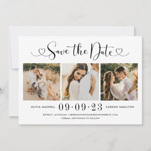 Modern Black Heart Script 3 Photo Weduwen Collage Save The Date (Voorkant)