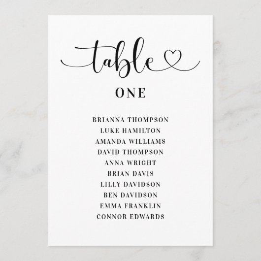 Modern Black Heart Script Trouwtafelnummer Kaart (Achterkant)