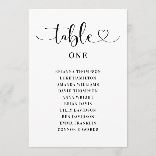 Modern Black Heart Script Trouwtafelnummer Kaart (Voorkant)
