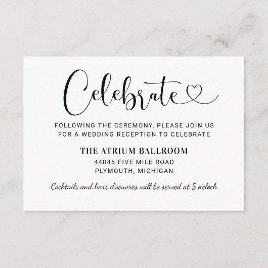 Modern Black Heart Script Weddenschappen Reception Informatiekaartje (Voorkant)