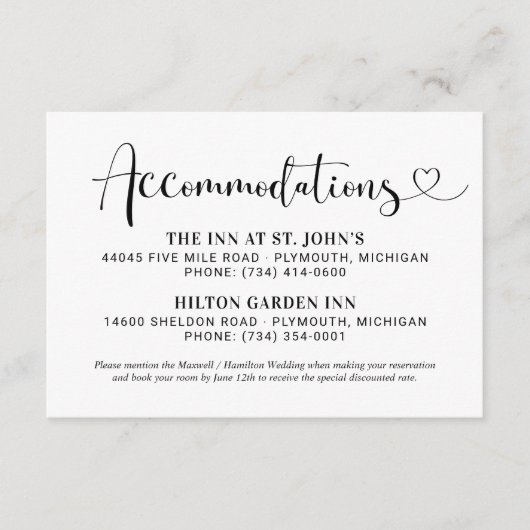 Modern Black Heart Script Wedding Accommodations Informatiekaartje (Voorkant)