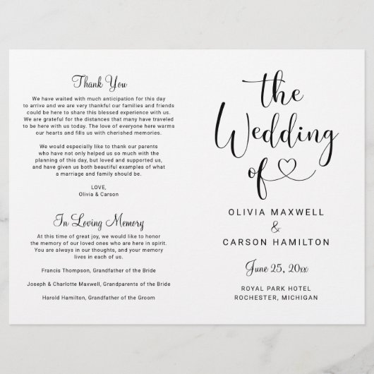 Modern Black Heart Script Wedding Ceremony Program (Voorkant)