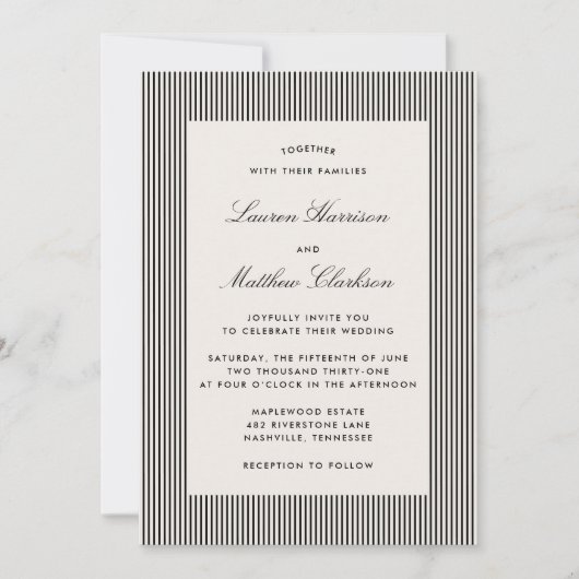 Modern Black & Ivory Striped Wedding Invitation Kaart (Voorkant)