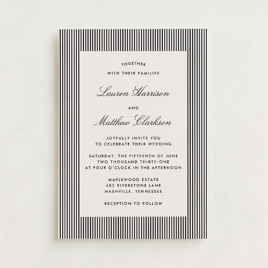 Modern Black & Ivory Striped Wedding Invitation Kaart