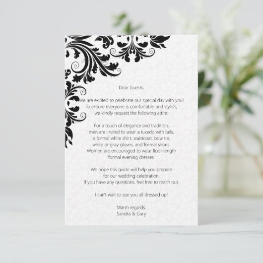 Modern Black Lace White Damask Informatiekaartje (Staand voorkant)