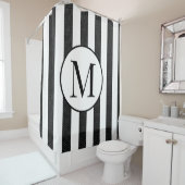 Modern Black Linen White Stripes Elegant Monogram Douchegordijn (In situ)