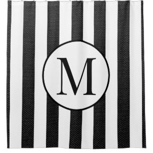 Modern Black Linen White Stripes Elegant Monogram Douchegordijn