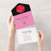 Modern Black Magenta Wedding All In One Uitnodiging (Afscheurbaar)