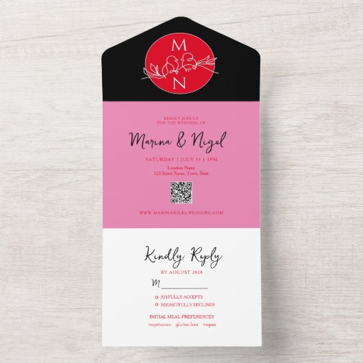 Modern Black Magenta Wedding All In One Uitnodiging (Binnen)