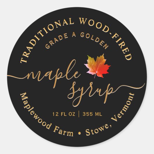 Modern Black Maple Syrup Label Leaf Script (Voorkant)