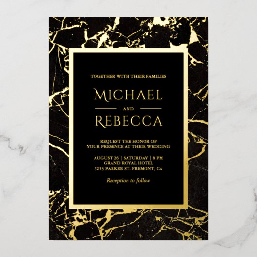 Modern Black Marble Photo Wedding Gold Folie Uitnodiging (Voorkant)