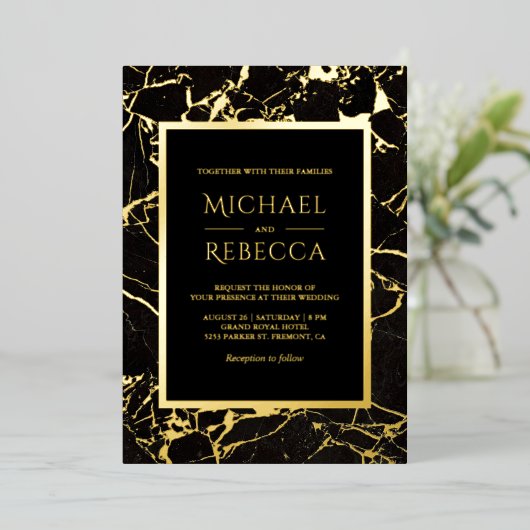 Modern Black Marble Photo Wedding Gold Folie Uitnodiging (Staand Voorkant)