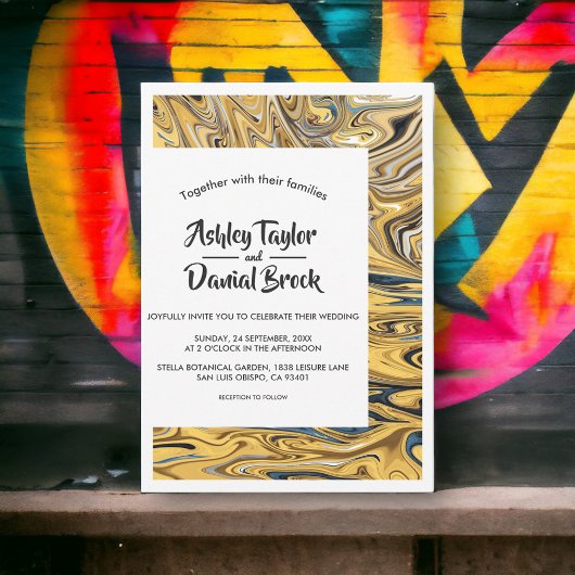 Modern Black Melted Gold Stylish Abstract Wedding Kaart