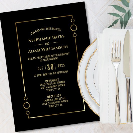 Modern Black met Gold Lijst Wedding Invitation Kaart