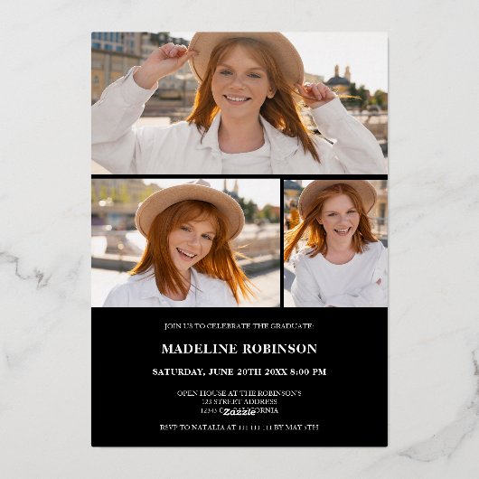 Modern Black minimal 4 Photo script Afstuderen Folie Uitnodiging (Achterkant)