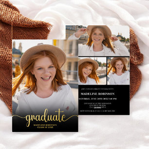 Modern Black minimal 4 Photo script Afstuderen Folie Uitnodiging