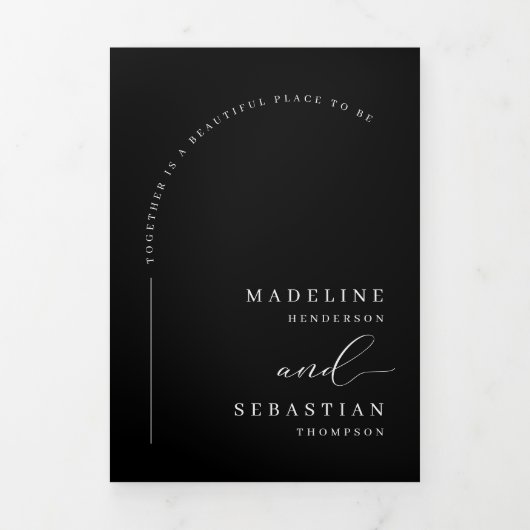 Modern Black Minimal Arch Photo QR Code Weddenscha Drieluik Uitnodiging (Cover)