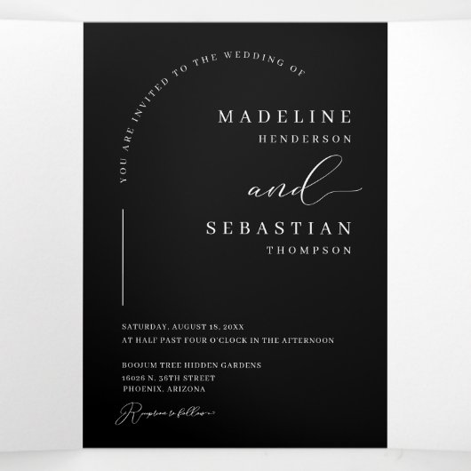 Modern Black Minimal Arch Photo QR Code Weddenscha Drieluik Uitnodiging (Binnenkant midden)