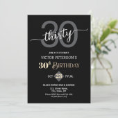Modern Black Minimalist Men 30th Birthday Party Kaart (Staand voorkant)