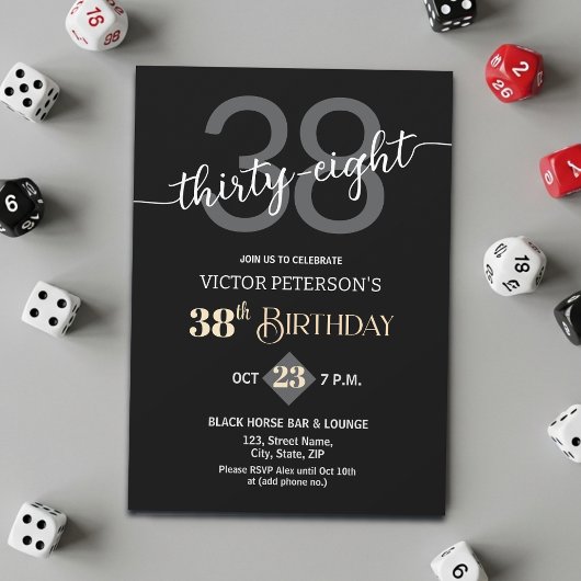 Modern Black Minimalist Men 38th Birthday Party Kaart