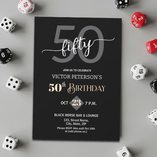 Modern Black Minimalist Men 50th Birthday Party Kaart