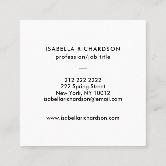 Modern Black Minimalist Vierkante Visitekaartje (Achterkant)