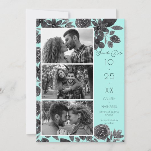 Modern Black Mint Floral Waterverf Save The Date (Voorkant)