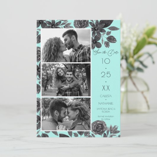 Modern Black Mint Floral Waterverf Save The Date (Staand voorkant)