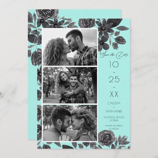 Modern Black Mint Floral Waterverf Save The Date (Voorkant / Achterkant)