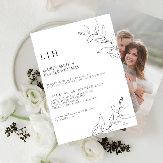 Modern Black Monogram Botanical Photo Wedding Invi Kaart