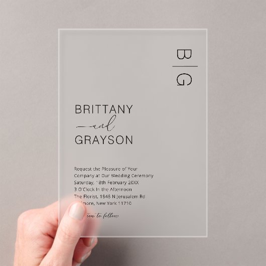 Modern Black Monogram Wedding Acryl Uitnodigingen (Insitu (Draagbaar))