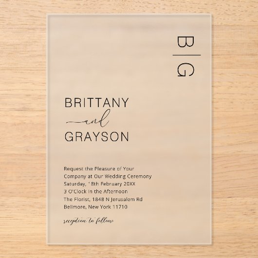 Modern Black Monogram Wedding Acryl Uitnodigingen (Voorkant)