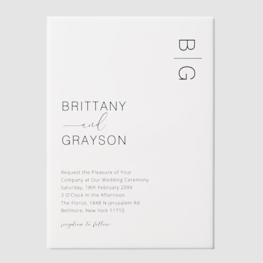 Modern Black Monogram Wedding Vellum Uitnodigingen (Voorkant)