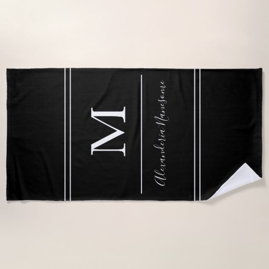 Modern Black Monogrammed White Script Beach Towel Strandlaken (Voorkant)