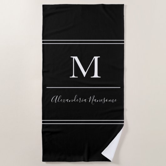 Modern Black Monogrammed White Script Beach Towel Strandlaken (Voorkant)