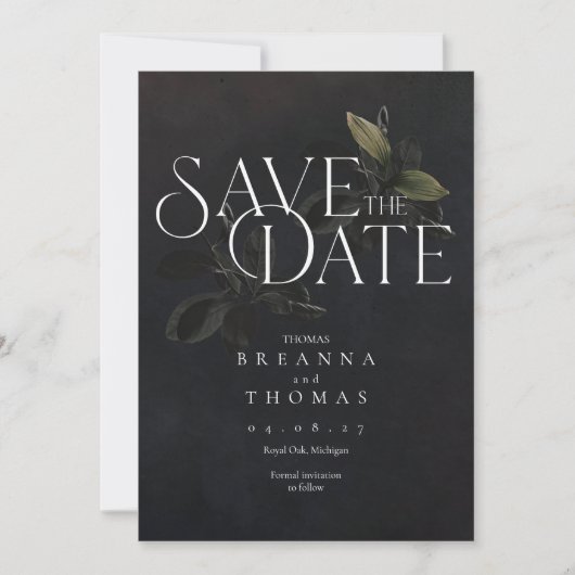 Modern Black Moody Botanical Save the Date (Voorkant)