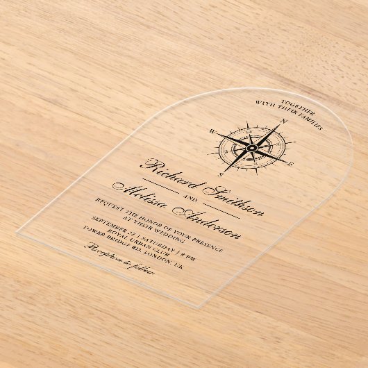 Modern Black Nautical Compass Wedding Acryl Uitnodigingen (Laagn)