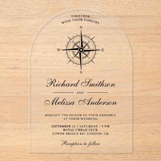 Modern Black Nautical Compass Wedding Acryl Uitnodigingen (Voorkant)