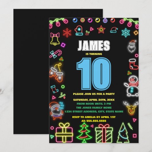 Modern Black Neon Glow Christmas Verjaardagsfeest Kaart (Voorkant / Achterkant)
