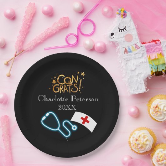 Modern Black Nurse Graduation Party  Papieren Bordje (Feest)