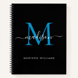 Modern Black Ocean Blue Girly Monogram Script Naam Notitieboek