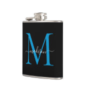 Modern Black Ocean Blue Monogram Script Naam Heupfles (Links)