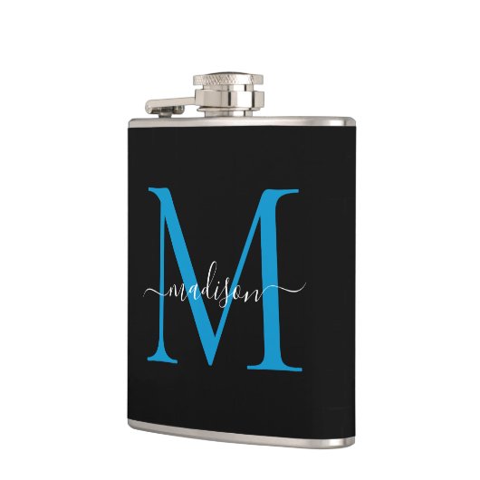 Modern Black Ocean Blue Monogram Script Naam Heupfles (Links)