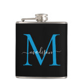 Modern Black Ocean Blue Monogram Script Naam Heupfles (Voorkant)