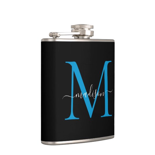 Modern Black Ocean Blue Monogram Script Naam Heupfles (Rechts)