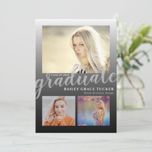 Modern Black Ombre Afstuderen 3 foto's Afstuderen Aankondiging (Staand voorkant)