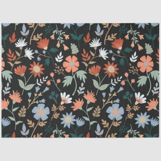 Modern Black Oranje Blue Leaves Floral Tissuepapier (Voorkant)