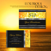 Modern Black Oranje Glitter Monogram Silver Border Visitekaartje