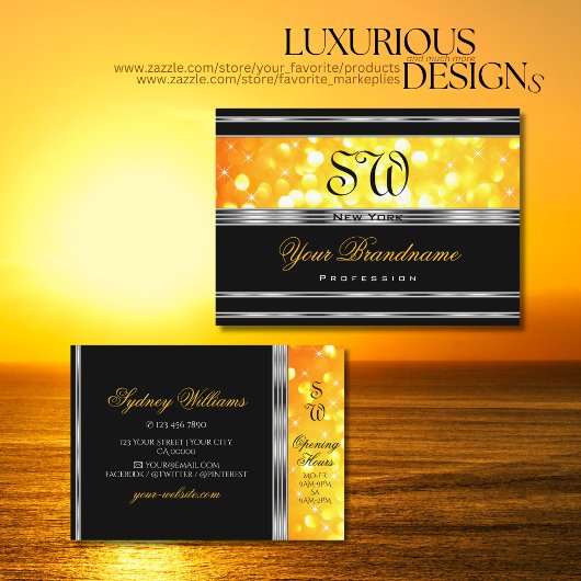 Modern Black Oranje Glitter Monogram Silver Border Visitekaartje